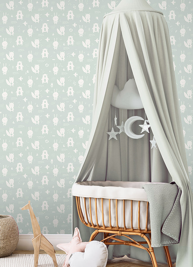 4060-91304 Bitsy Mint Woodland Wallpaper
