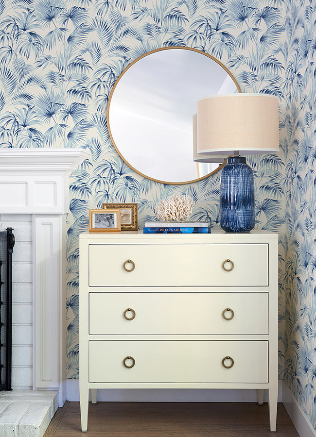 4071-71016 Manaus Blue Palm Frond Wallpaper