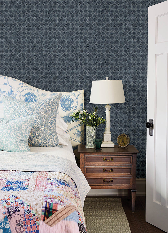 3125-72306 Button Block Navy Geometric Wallpaper