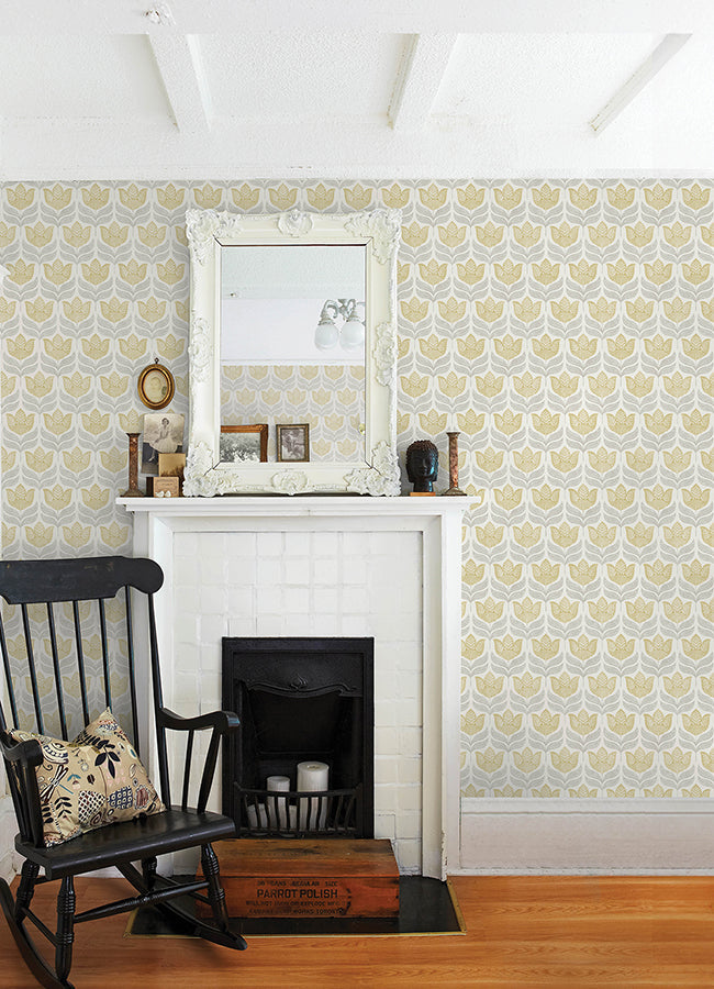 3125-72342 Cathal Mustard Tulip Block Print Wallpaper