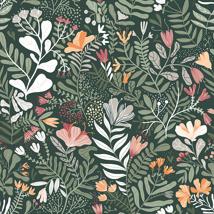 4143-22009 Brittsommar Evergreen Woodland Floral Wallpaper