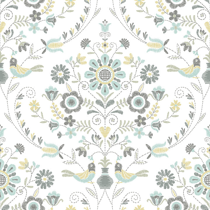 4066-26510 Britt Sea Green Embroidered Damask Wallpaper