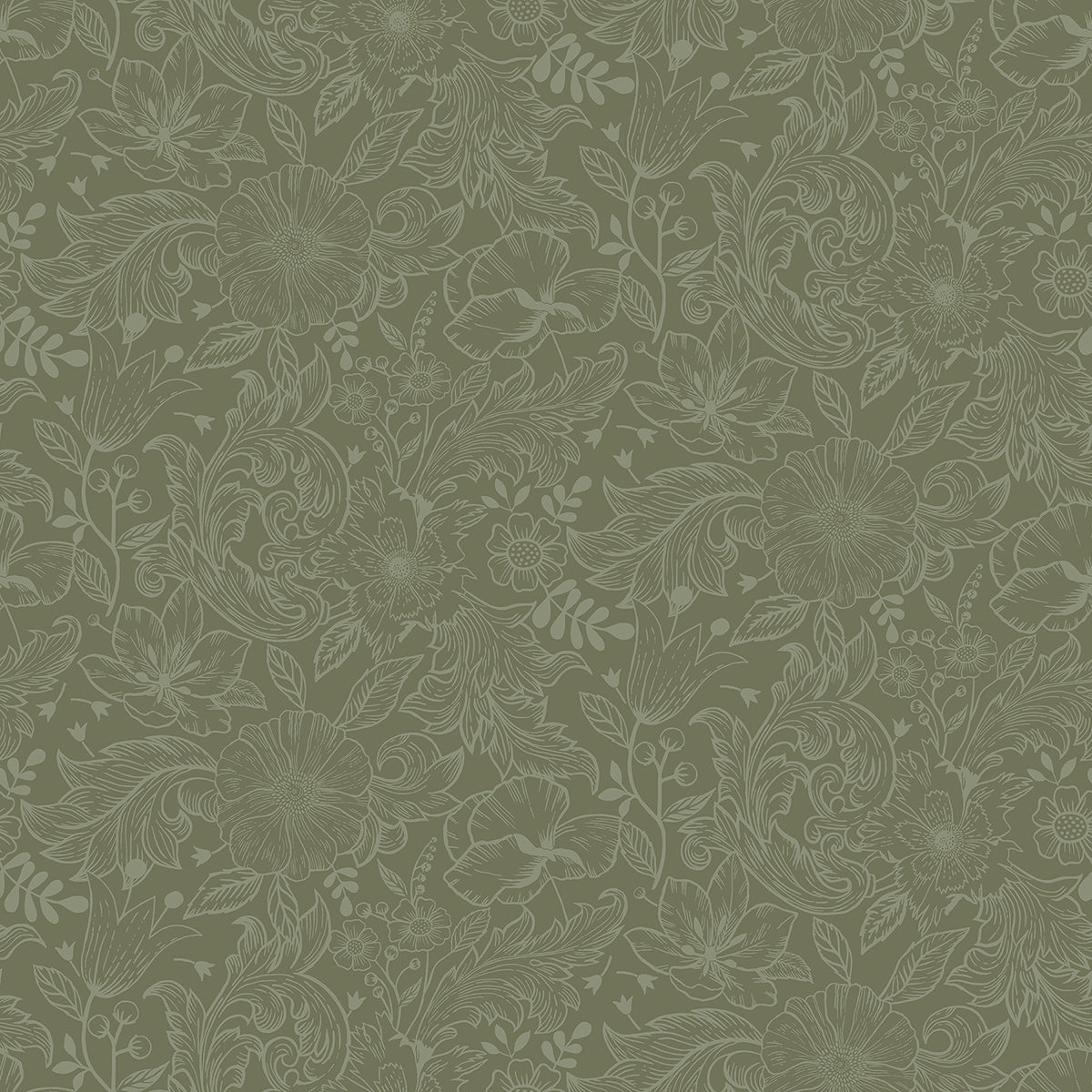 2999-13129 Wilma Green Floral Block Print Wallpaper