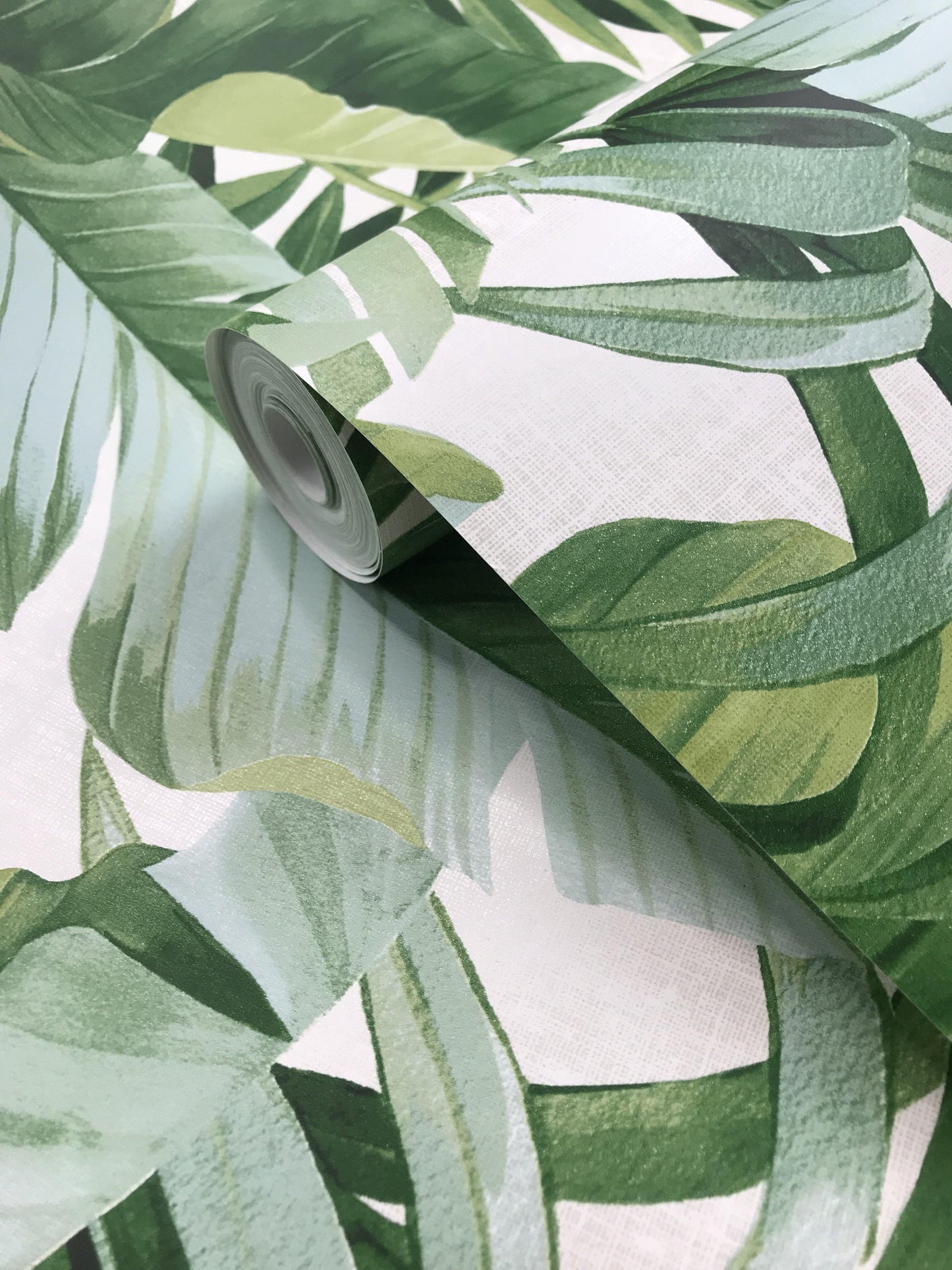 2744-24136 Brewster Palm leaves Banana Leaf White Green Tropical Wallpaper - wallcoveringsmart