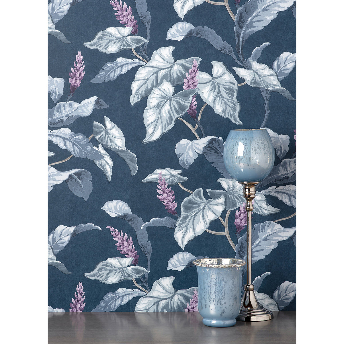 M1693 Meridian Parade Blue Tropical Leaves Wallpaper