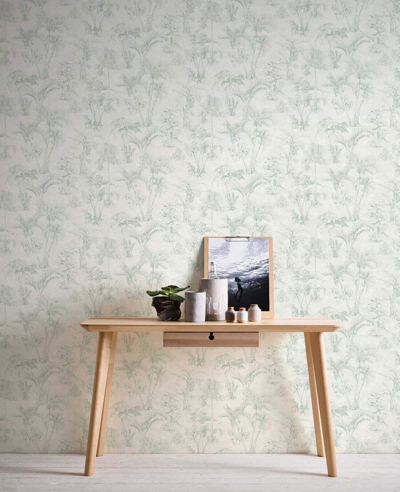 4044-38021-2 Matt off white green faux fabric Textured Zapata Tropical Jungle palms Wallpaper