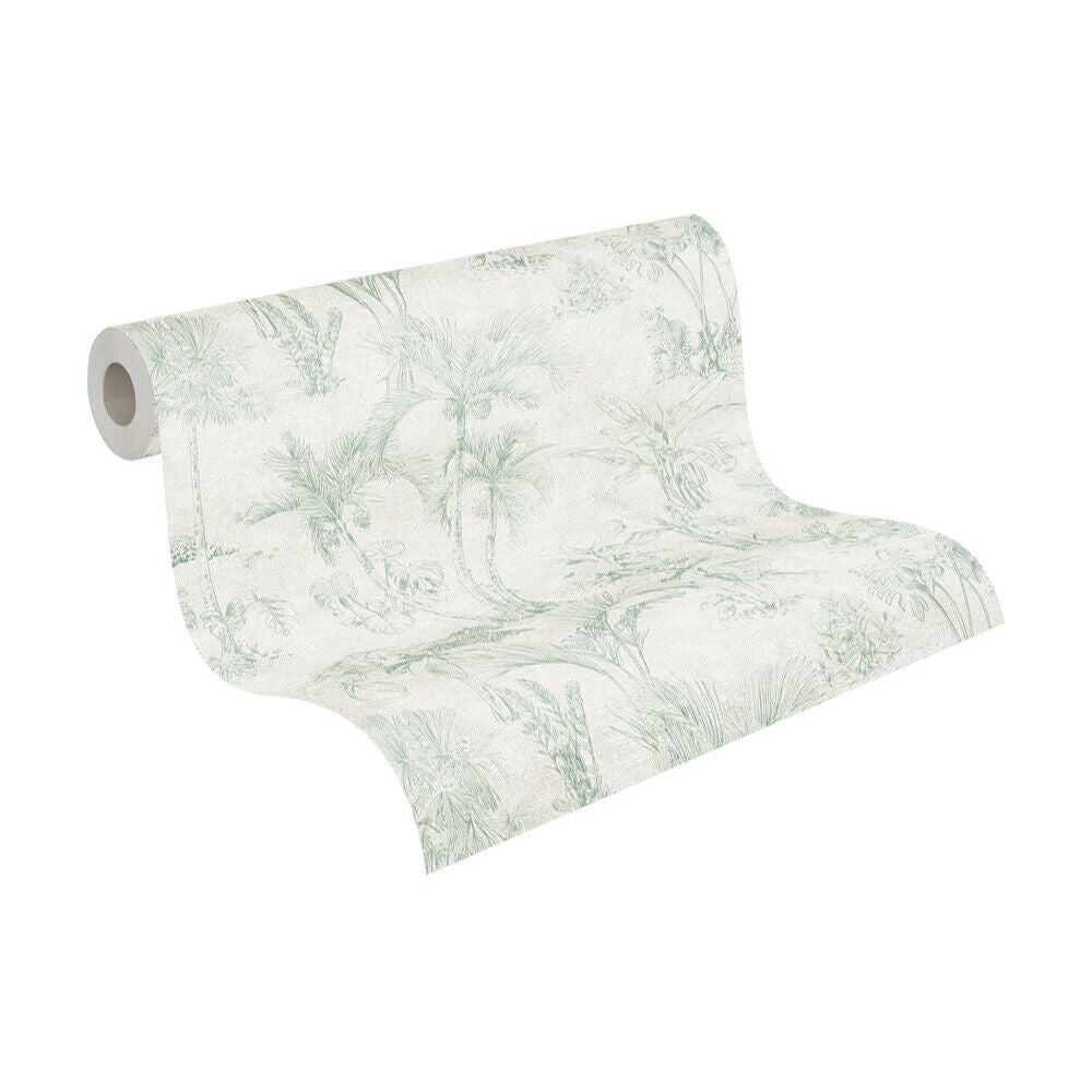 4044-38021-2 Matt off white green faux fabric Textured Zapata Tropical Jungle palms Wallpaper
