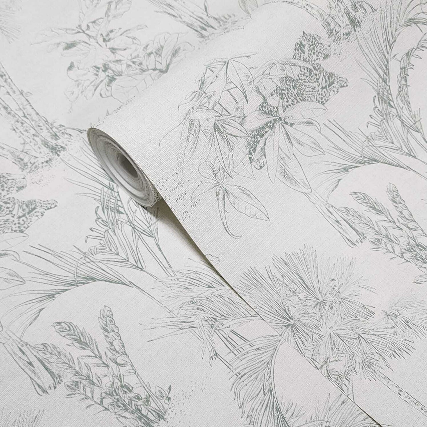 4044-38021-2 Matt off white green faux fabric Textured Zapata Tropical Jungle palms Wallpaper