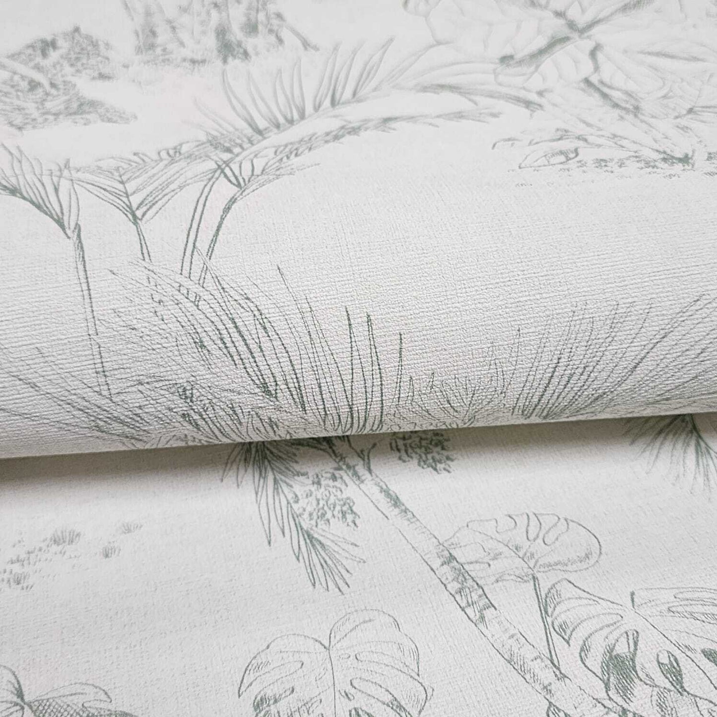 4044-38021-2 Matt off white green faux fabric Textured Zapata Tropical Jungle palms Wallpaper