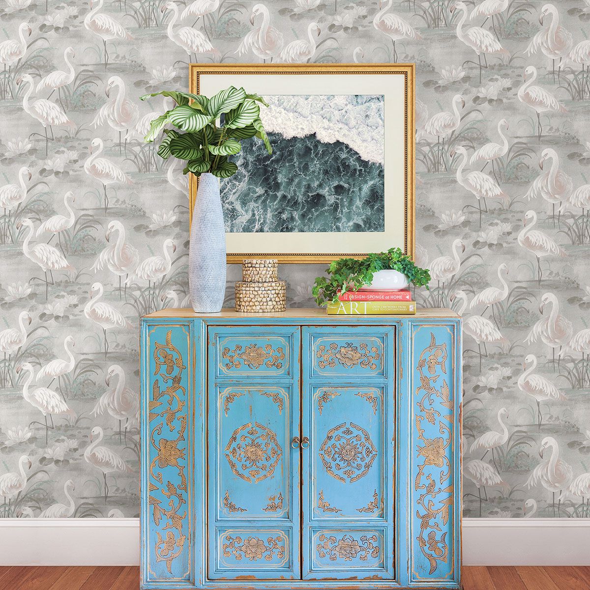 3120-13603 Everglades Grey Flamingos Wallpaper