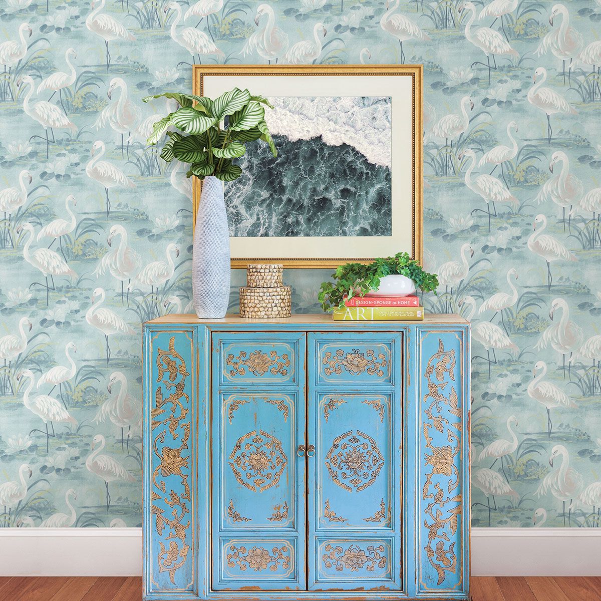 3120-13604 Everglades Aqua Flamingos Wallpaper