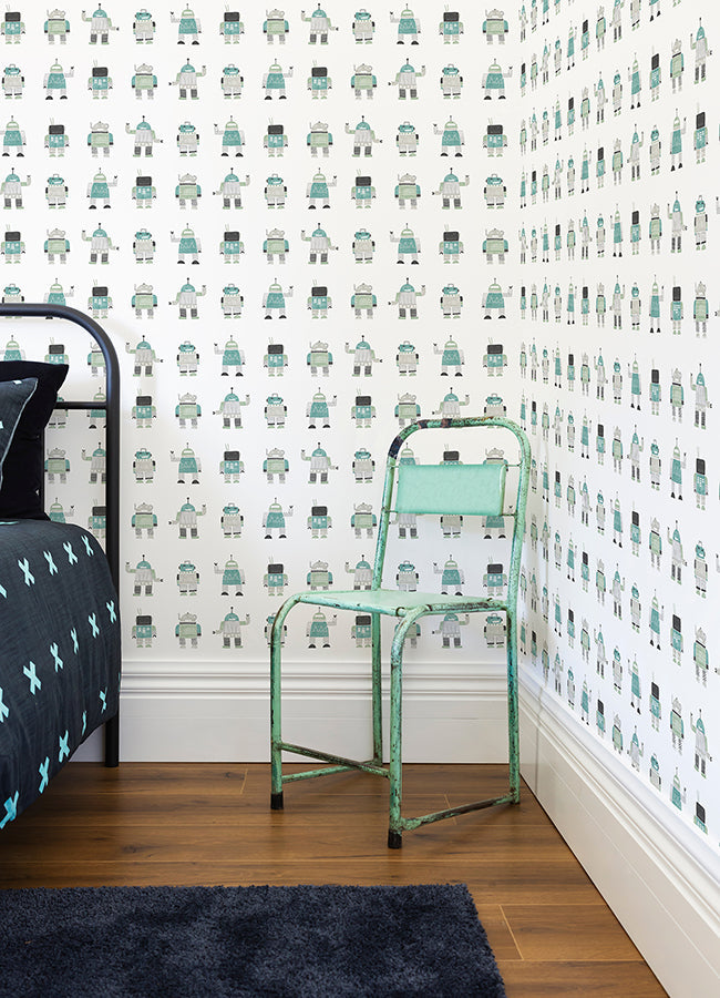 4060-138938 Callum Teal Robots Wallpaper