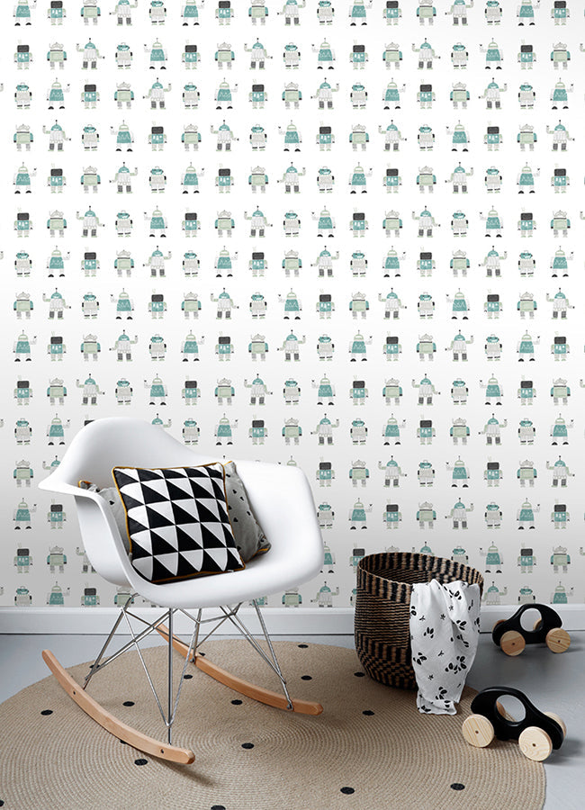 4060-138938 Callum Teal Robots Wallpaper