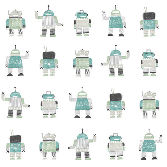 4060-138938 Callum Teal Robots Wallpaper