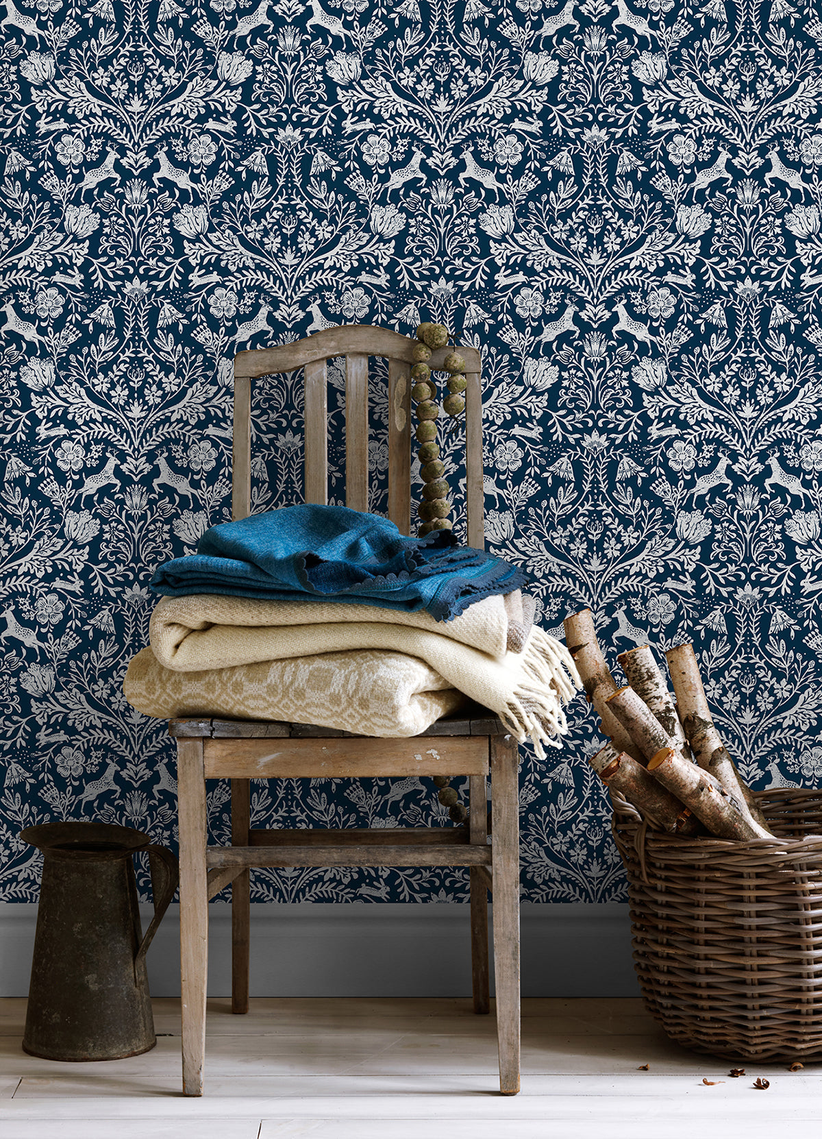 3124-13883 Forest Dance Navy Damask Wallpaper