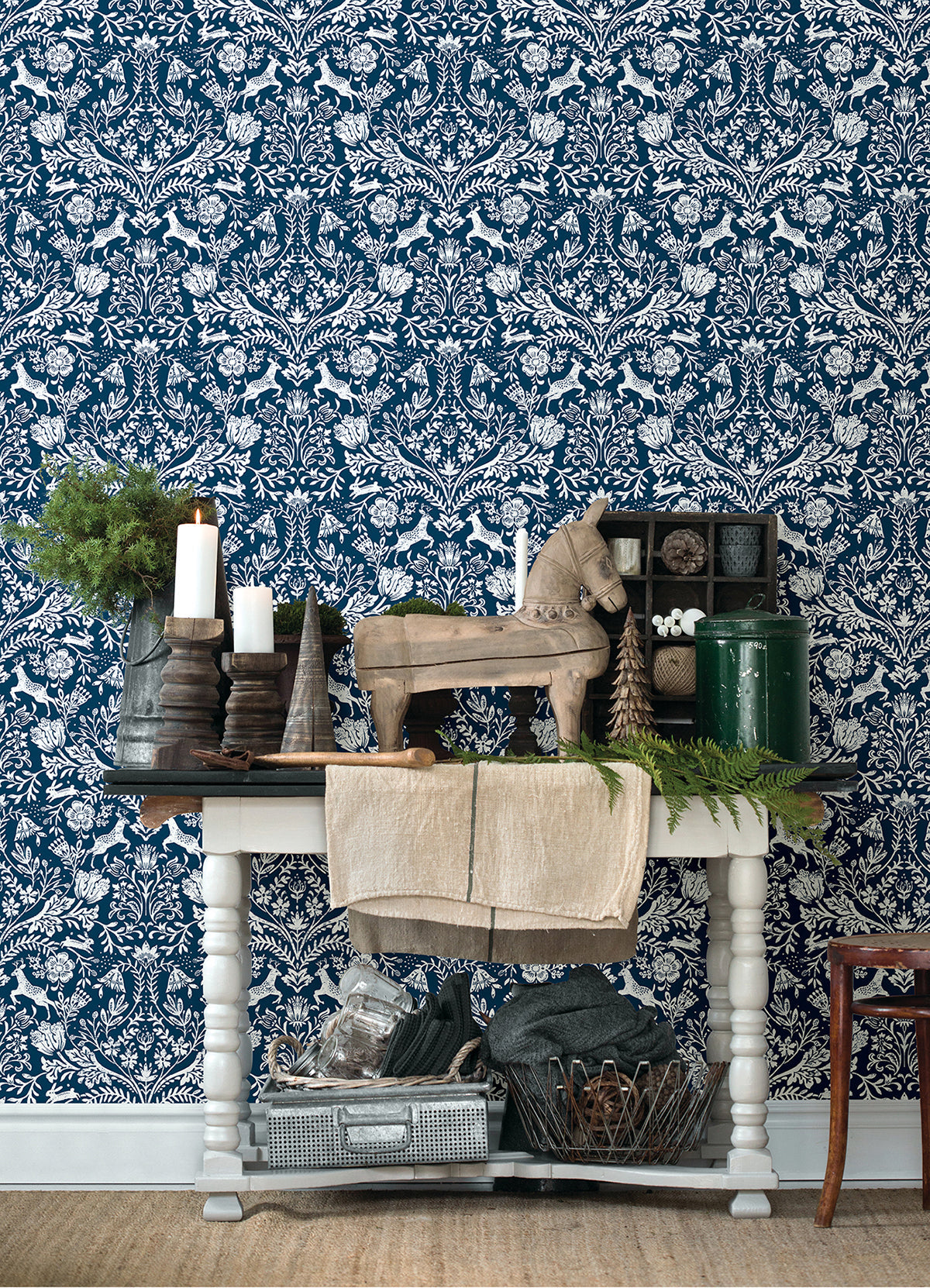 3124-13883 Forest Dance Navy Damask Wallpaper