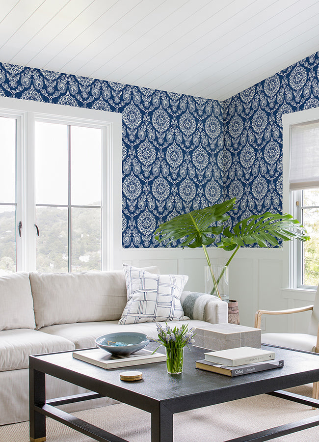 4071-71018 Helm Damask Navy Floral Medallion Wallpaper