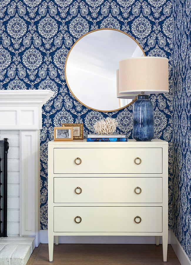 4071-71018 Helm Damask Navy Floral Medallion Wallpaper