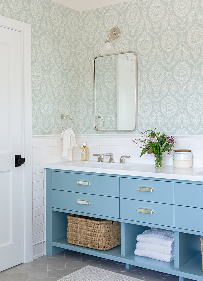 4071-71023 Helm Damask Aqua Floral Medallion Wallpaper