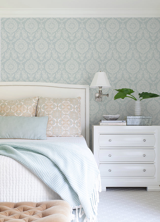 4071-71023 Helm Damask Aqua Floral Medallion Wallpaper