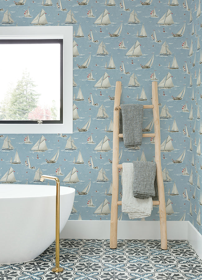 4071-71034 Leeward Light Blue Sailboat Wallpaper