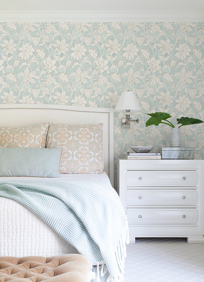 4071-71038 Plumeria Aqua Floral Trail Wallpaper