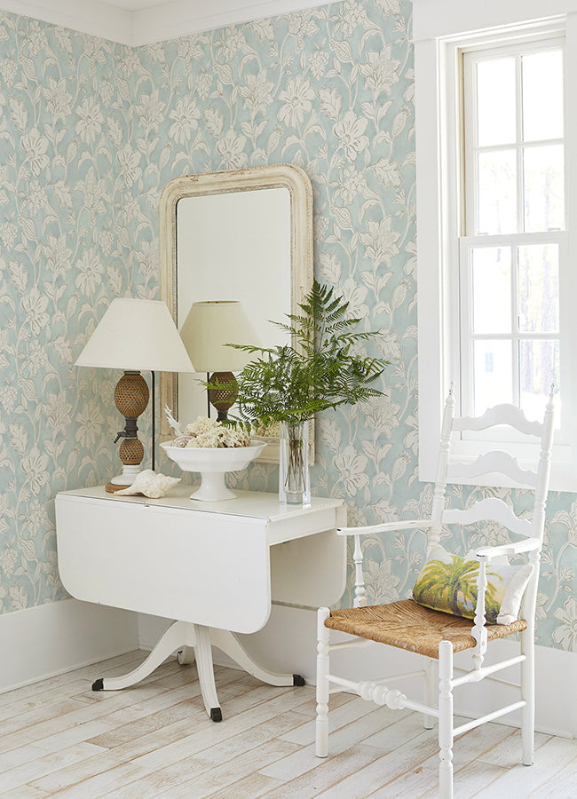 4071-71038 Plumeria Aqua Floral Trail Wallpaper