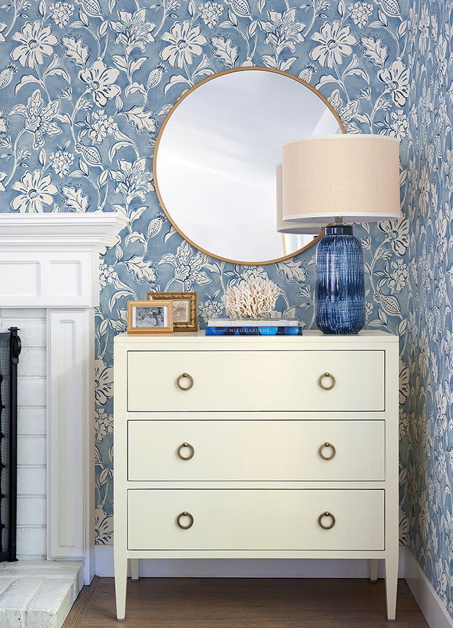 4071-71040 Plumeria Blue Floral Trail Wallpaper