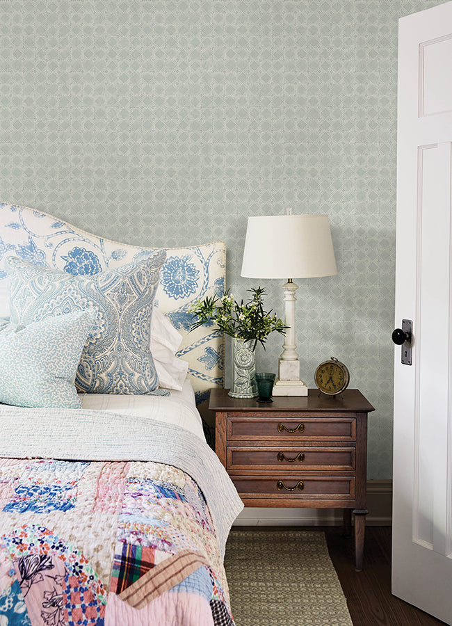 3125-72308 Button Block Aqua Geometric Wallpaper