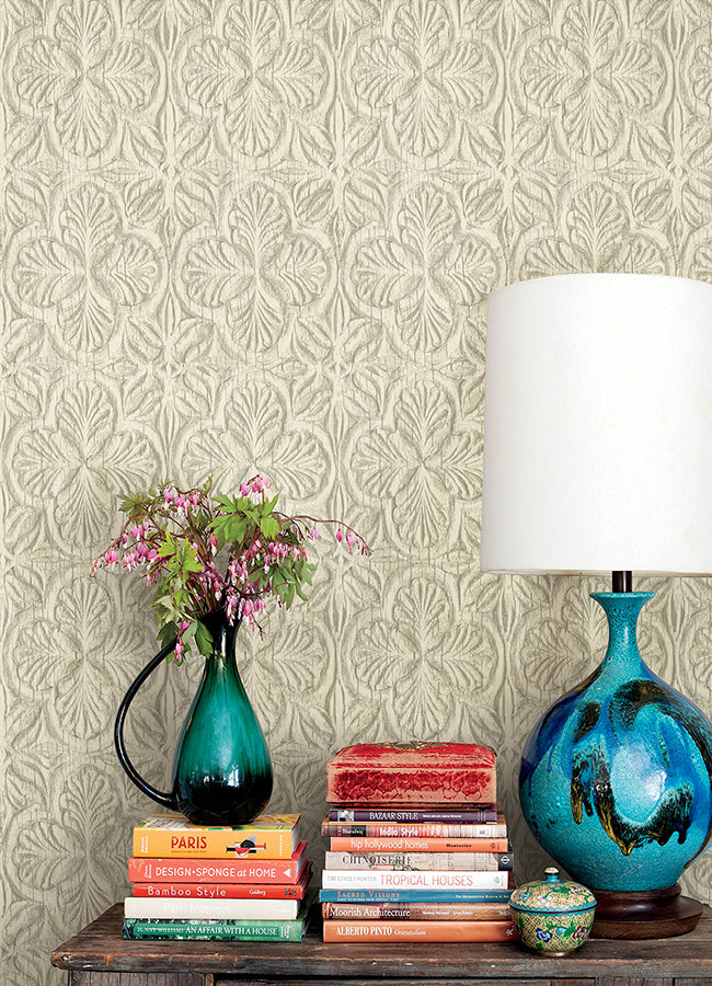 3125-72333 Karachi Cream Wooden Damask Wallpaper
