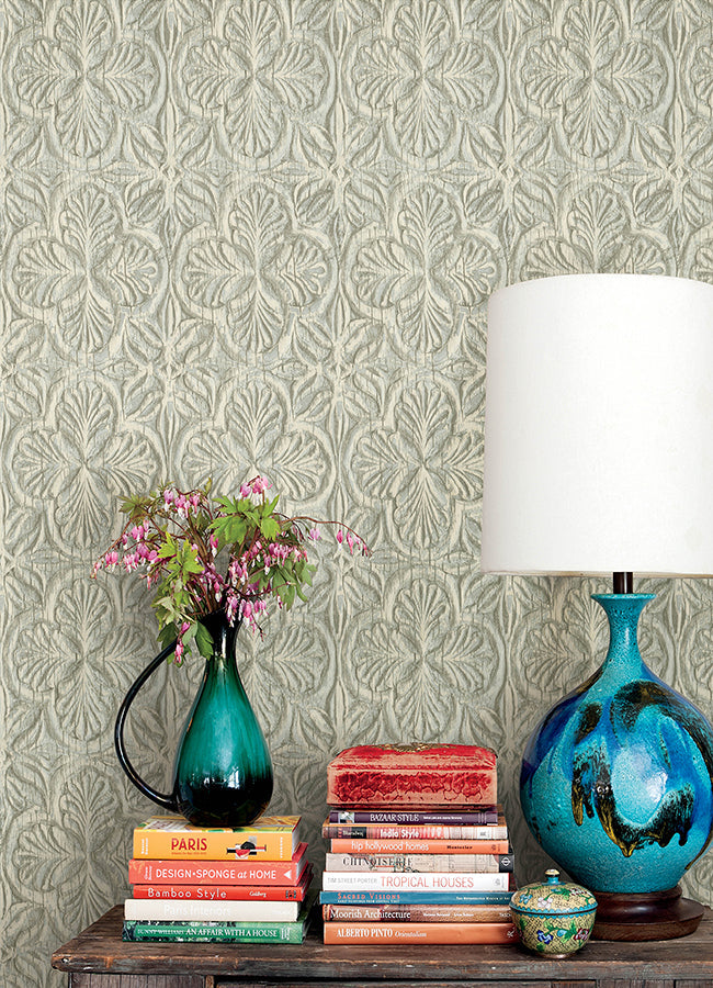 3125-72335 Karachi Aqua Wooden Damask Wallpaper