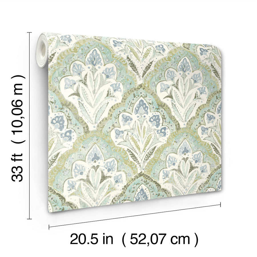 3125-72341 Mimir Aquamarine Quilted Damask Wallpaper