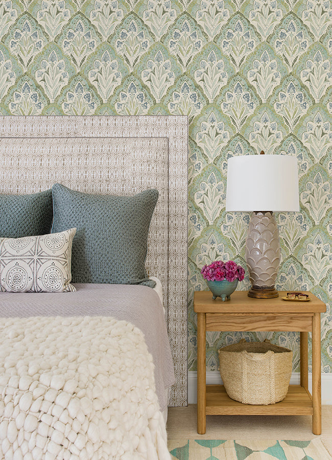3125-72341 Mimir Aquamarine Quilted Damask Wallpaper