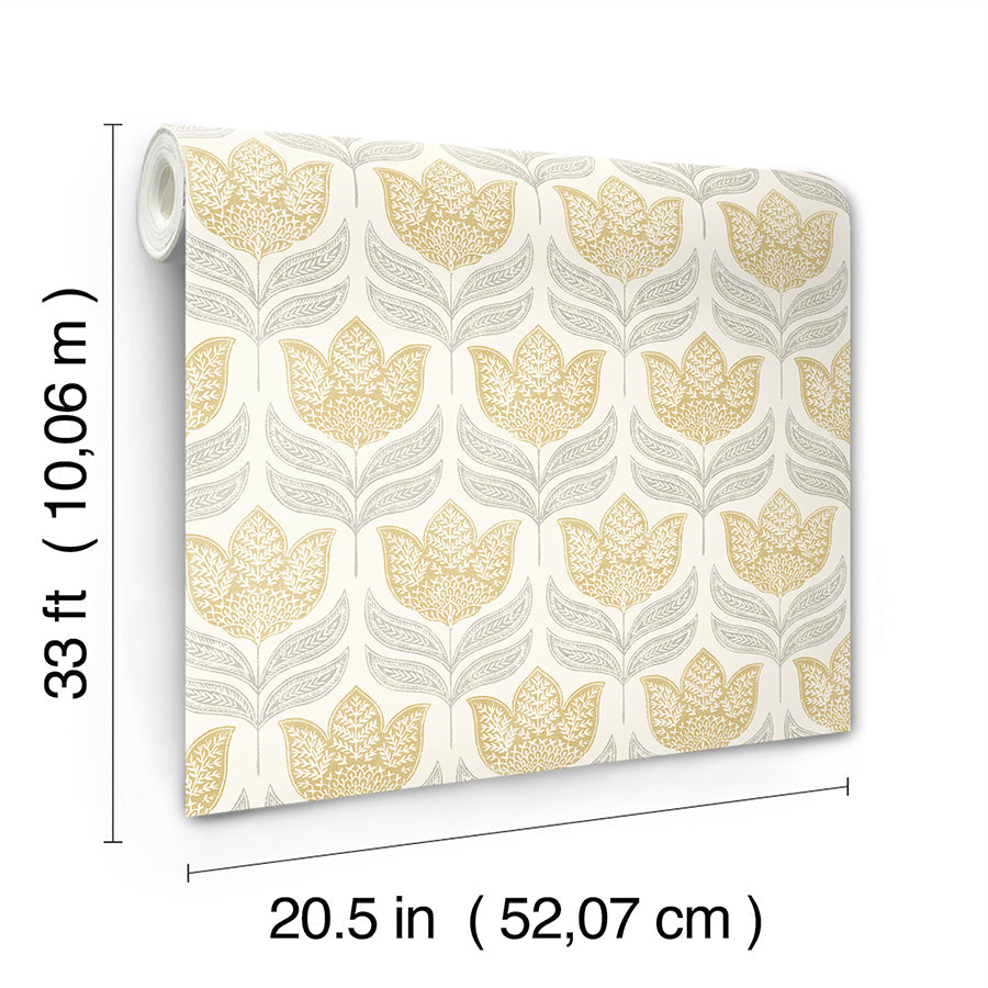 3125-72342 Cathal Mustard Tulip Block Print Wallpaper