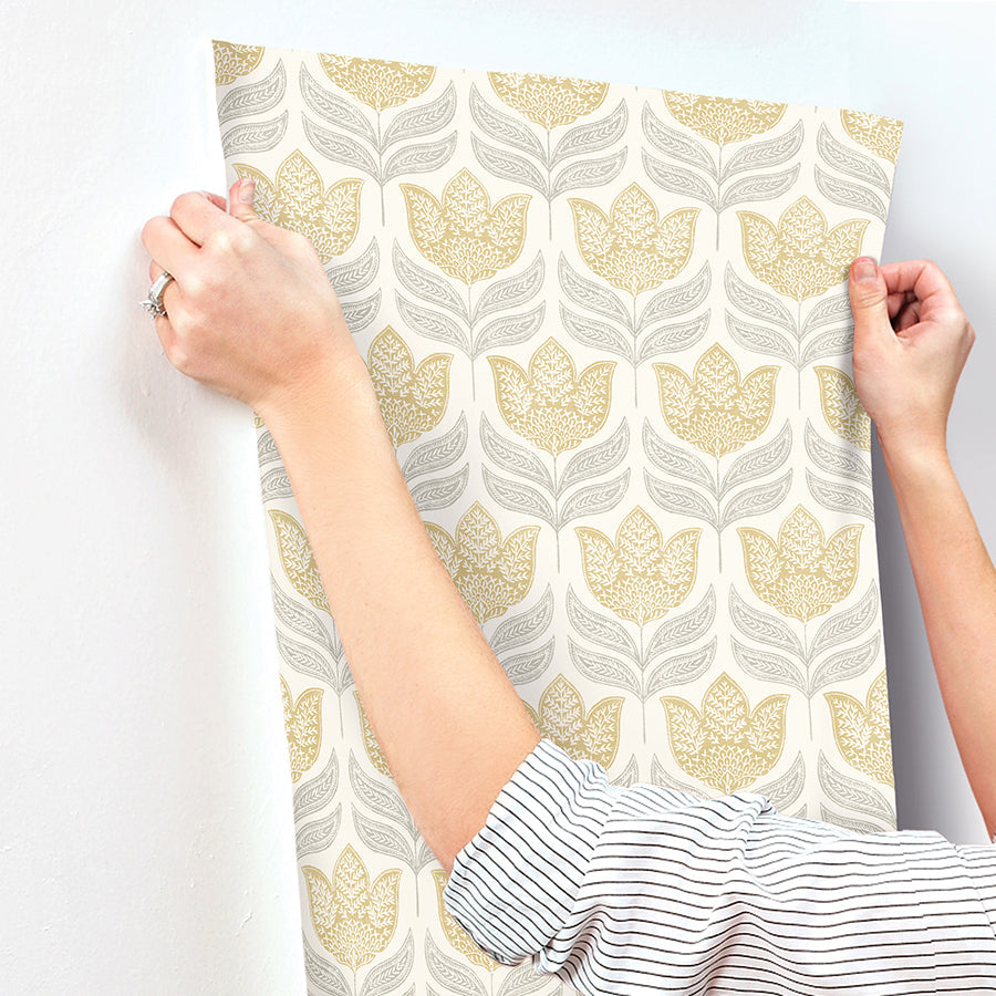 3125-72342 Cathal Mustard Tulip Block Print Wallpaper