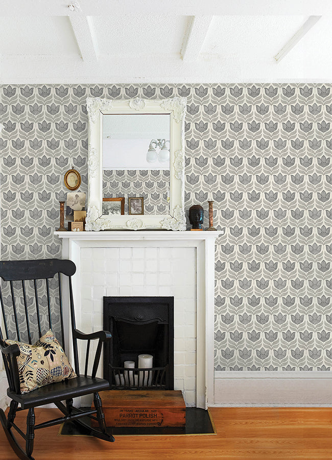 3125-72343 Cathal Charcoal Tulip Block Print Wallpaper