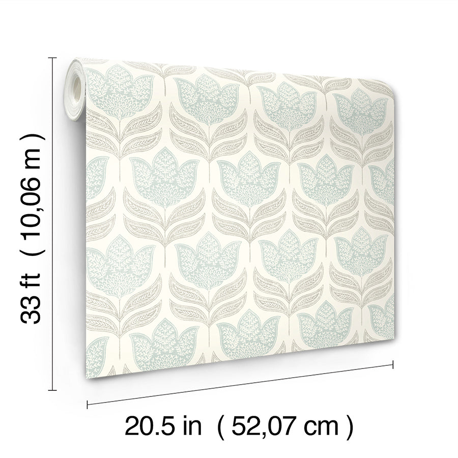 3125-72344 Cathal Aqua Tulip Block Print Wallpaper