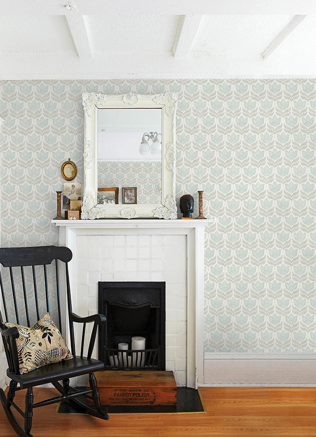 3125-72344 Cathal Aqua Tulip Block Print Wallpaper