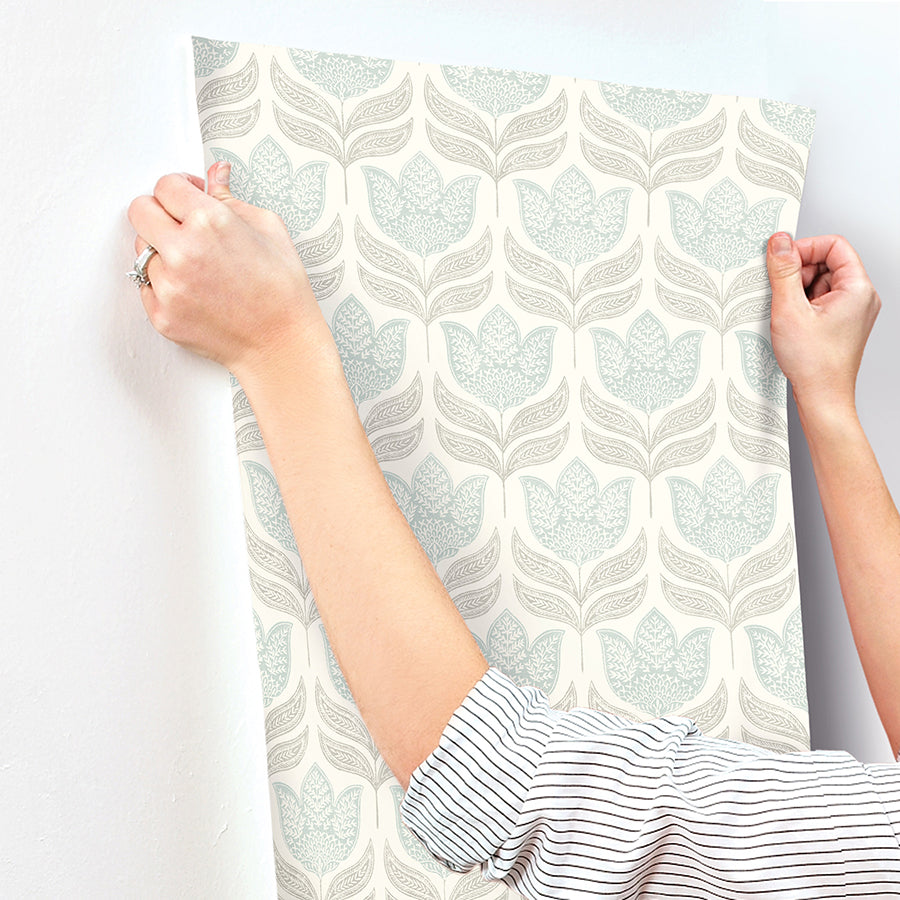 3125-72344 Cathal Aqua Tulip Block Print Wallpaper