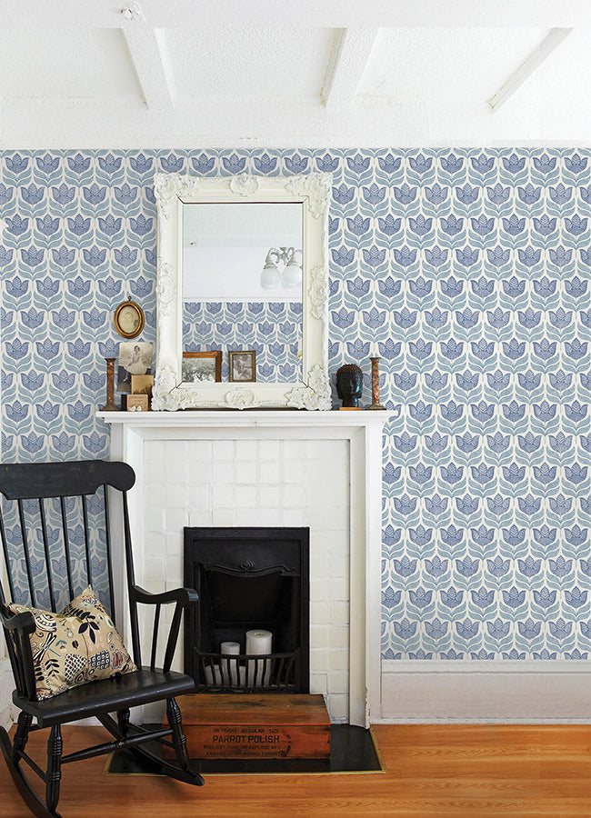 3125-72345 Cathal Blue Tulip Block Print Wallpaper