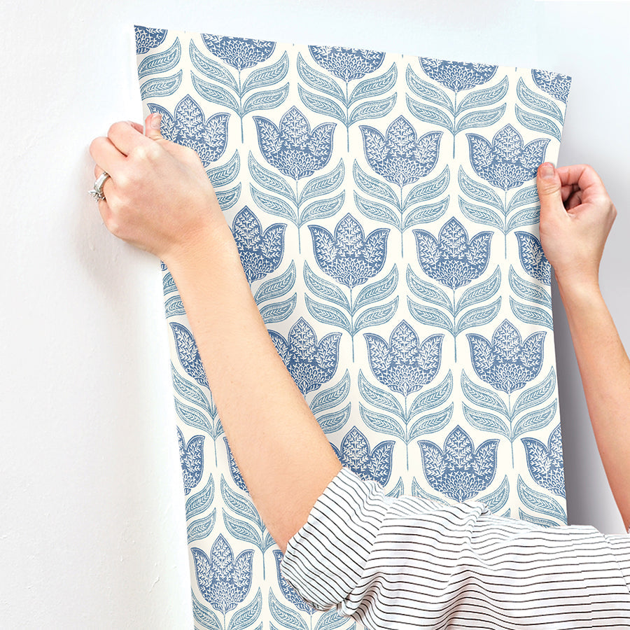 3125-72345 Cathal Blue Tulip Block Print Wallpaper