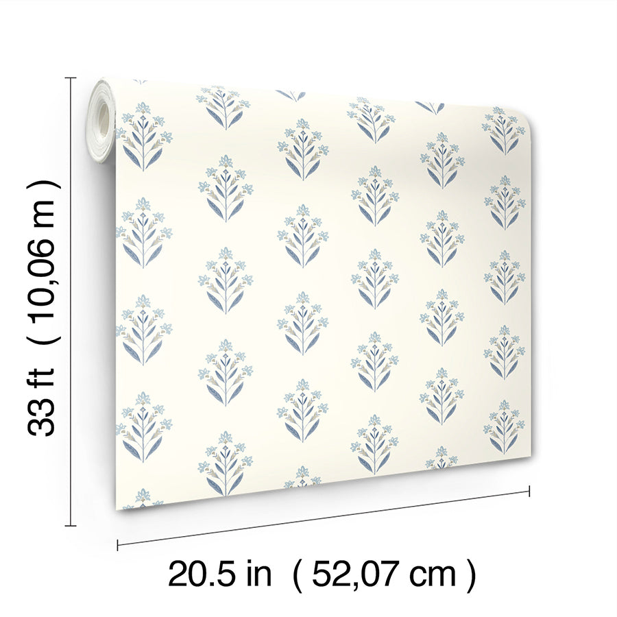 3125-72347 Kova Blue Floral Crest Wallpaper