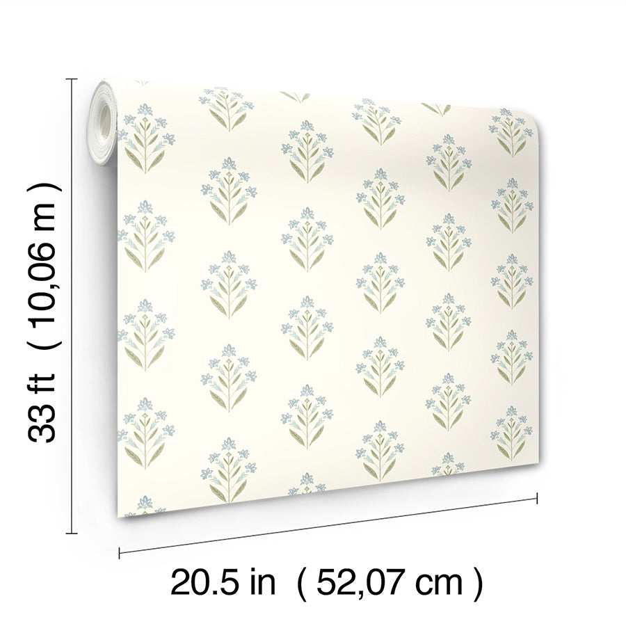3125-72351 Kova Aquamarine Floral Crest Wallpaper
