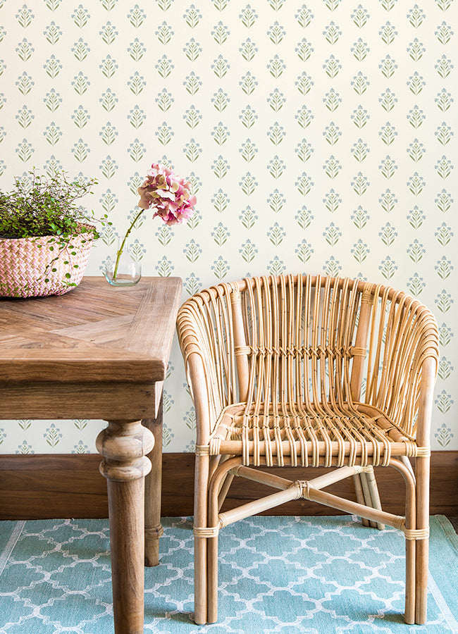 3125-72351 Kova Aquamarine Floral Crest Wallpaper