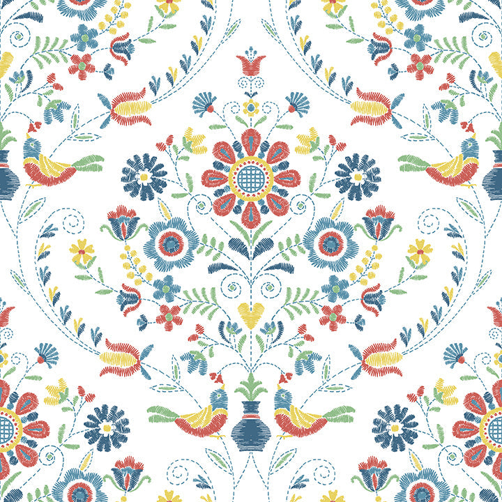 4066-26512 Britt Multicolor Embroidered Damask Wallpaper