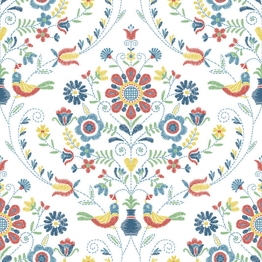 4066-26512 Britt Multicolor Embroidered Damask Wallpaper