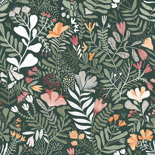 4143-22009 Brittsommar Evergreen Woodland Floral Wallpaper