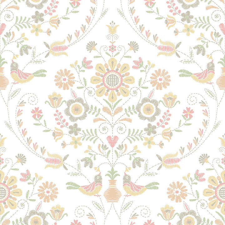 4066-26514 Britt Peach Embroidered Damask Wallpaper
