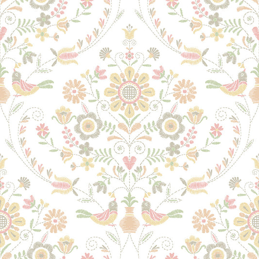 4066-26514 Britt Peach Embroidered Damask Wallpaper