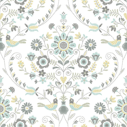 4066-26510 Britt Sea Green Embroidered Damask Wallpaper